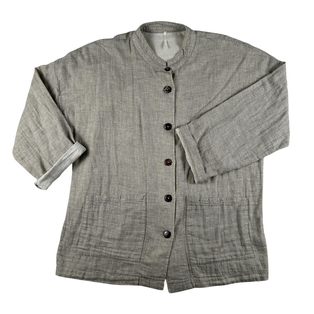 Hello Nite Jacket Womens Small Gray Cotton Chambray Mandarin Collar Button Front